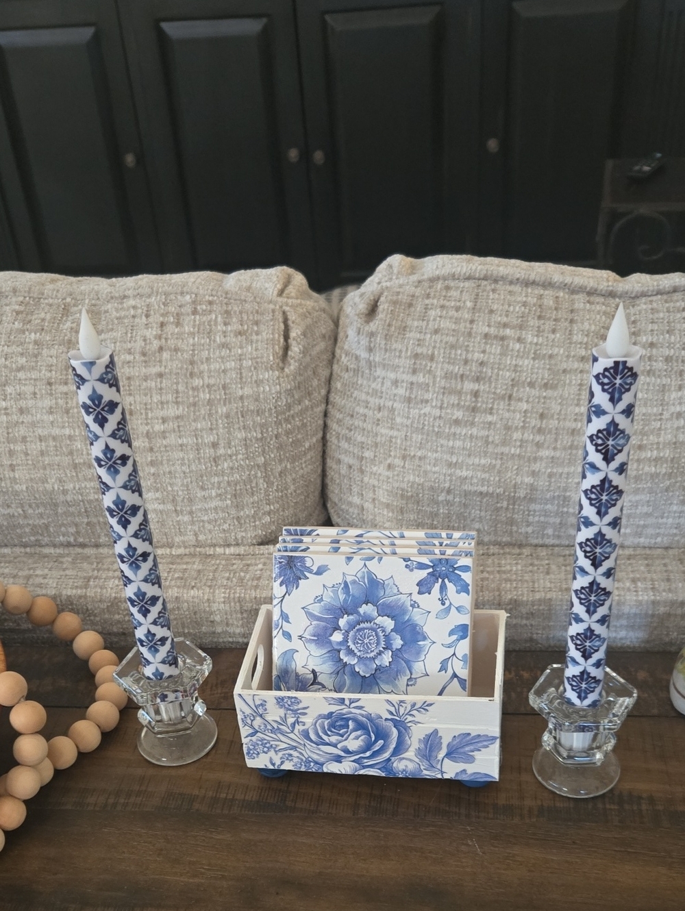 Blue Floral Ceramic Coaster Set and Holder with Candles